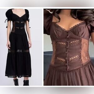 En Saison Peregrine Boho Smocked back panel,Vneck button front lace Maxi Dress